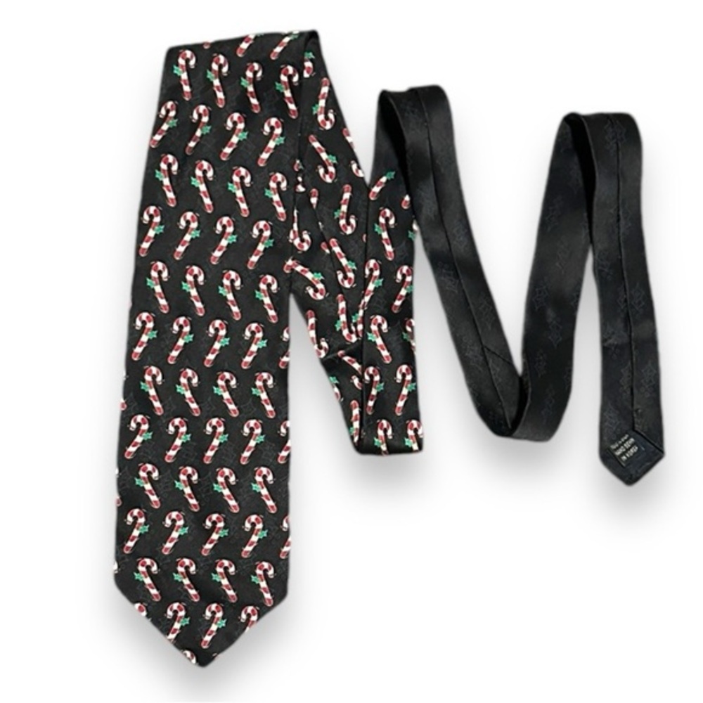 FN Black Candy Canes Holly Silk Neck Tie Men's 58” Christmas Holiday
